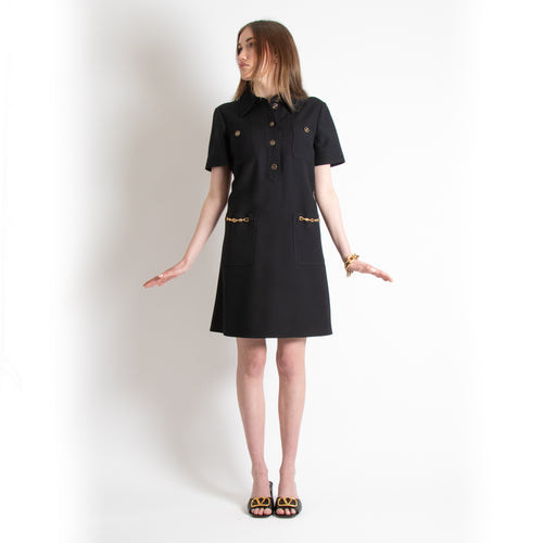 Gucci Black Dress With Gold Logo Buttons And Chain