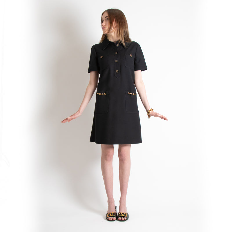 Gucci Black Dress With Gold Logo Buttons And Chain