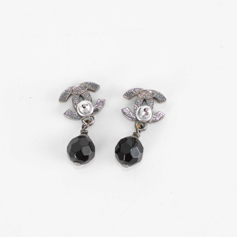 Chanel Gun Metal CC Black Crystal Earrings