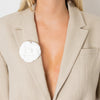 Chanel Cream Fabric Camelia Silver CC Logo Brooch
