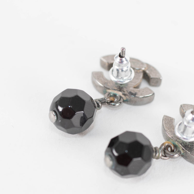 Chanel Gun Metal CC Black Crystal Earrings