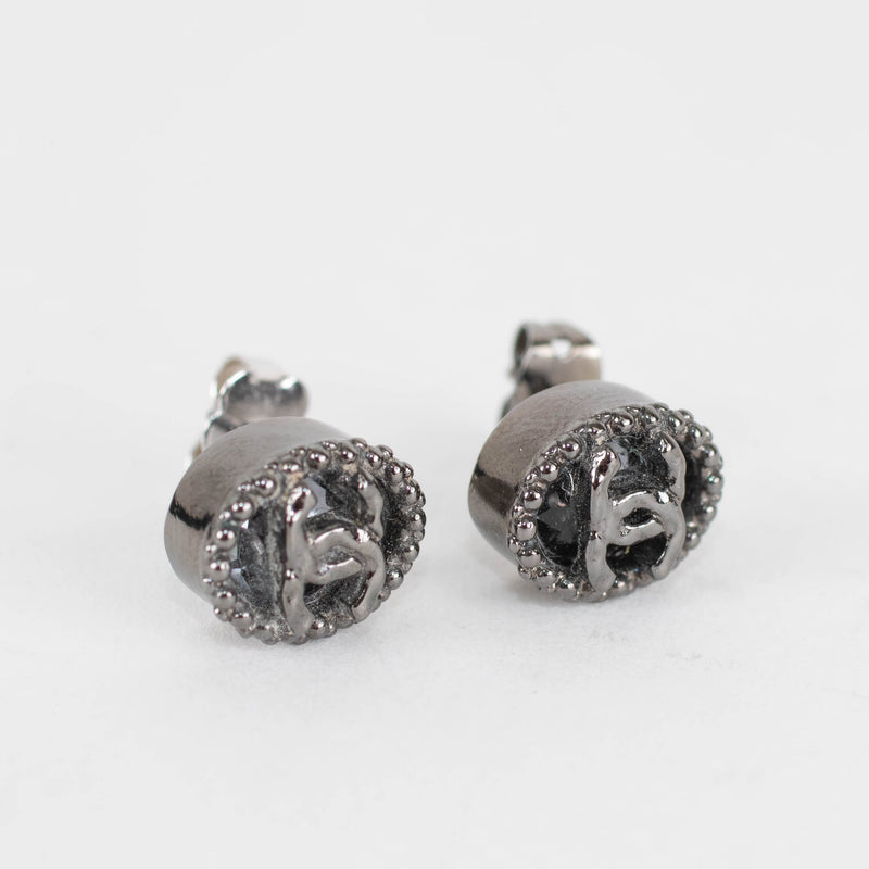 Chanel Gun Metal Grey CC Stud Earrings
