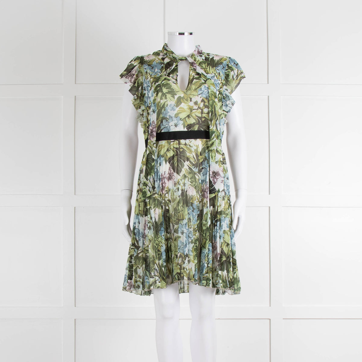 Pinko Green Floral Palm Print Short Sleeve Dress with Tie Neck