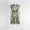 Pinko Green Floral Palm Print Short Sleeve Dress with Tie Neck