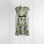 Pinko Green Floral Palm Print Short Sleeve Dress with Tie Neck