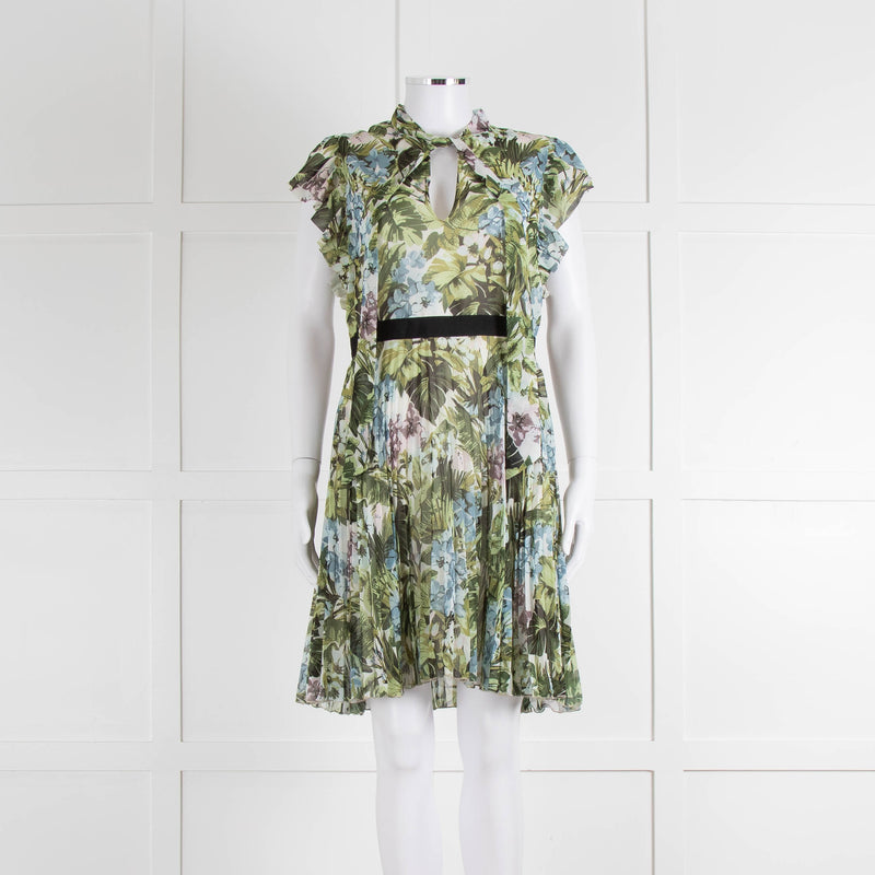 Pinko Green Floral Palm Print Short Sleeve Dress with Tie Neck