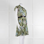 Pinko Green Floral Palm Print Short Sleeve Dress with Tie Neck