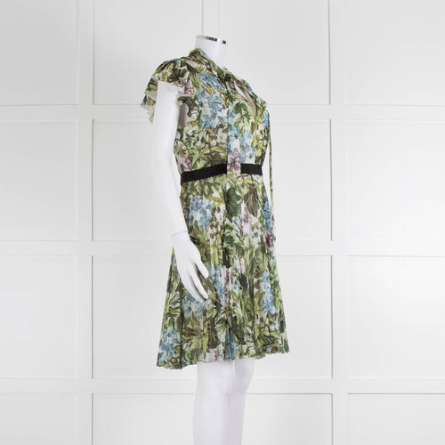 Pinko Green Floral Palm Print Short Sleeve Dress with Tie Neck