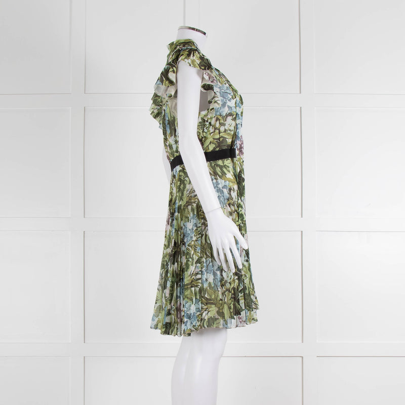 Pinko Green Floral Palm Print Short Sleeve Dress with Tie Neck