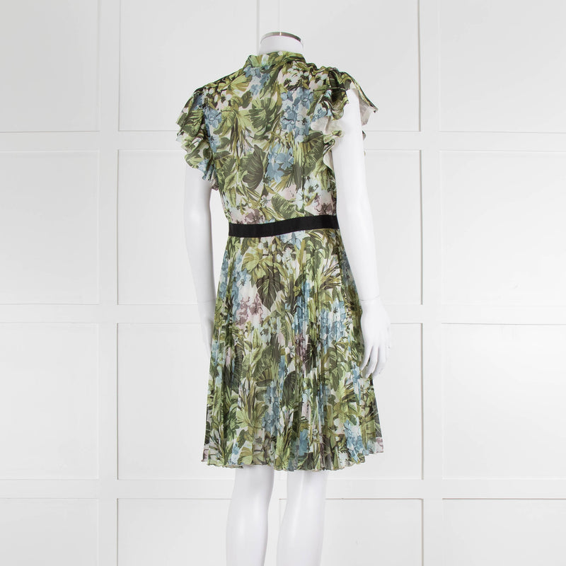 Pinko Green Floral Palm Print Short Sleeve Dress with Tie Neck