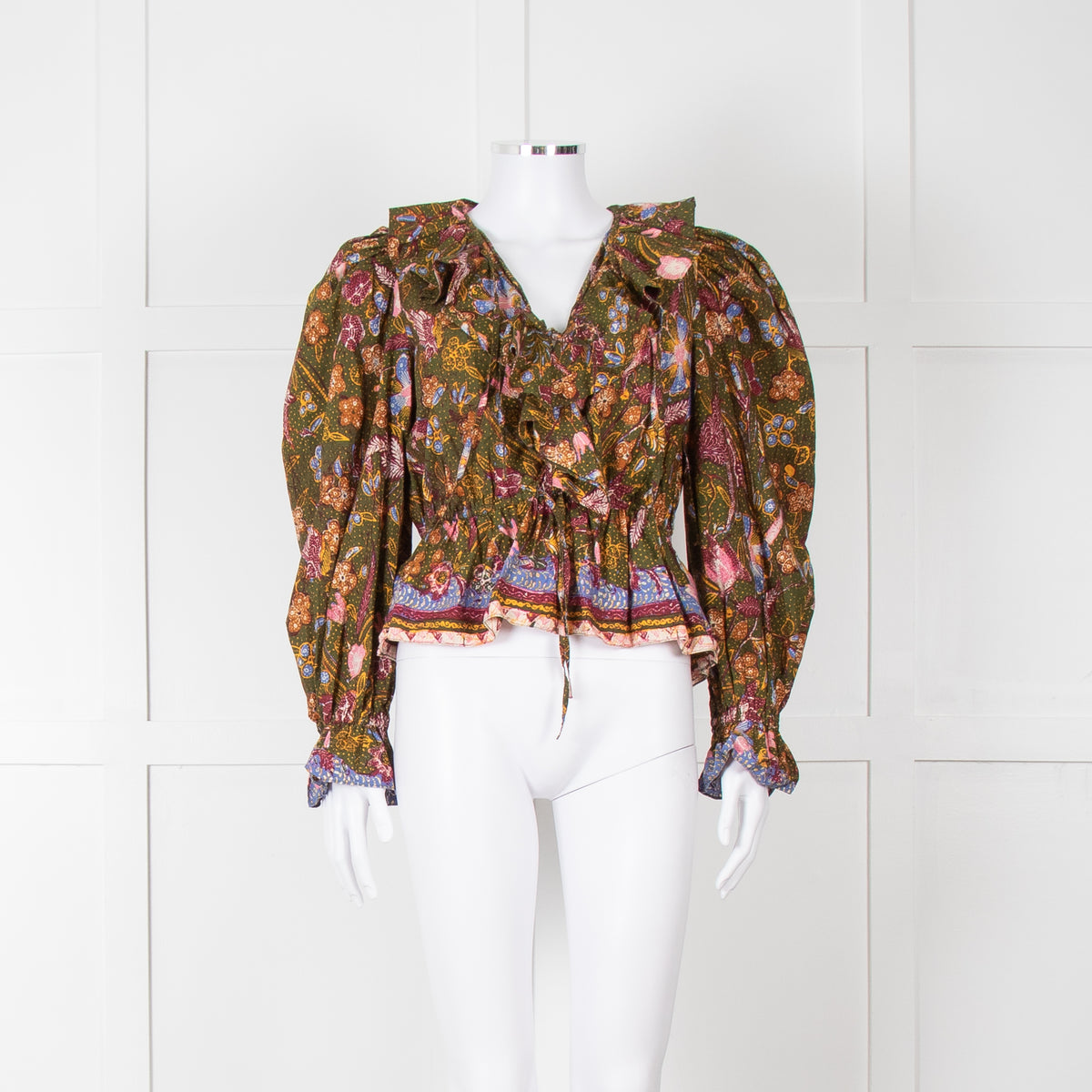 Ulla Johnson Green Pink Yellow Floral Frill Detail Cotton Top