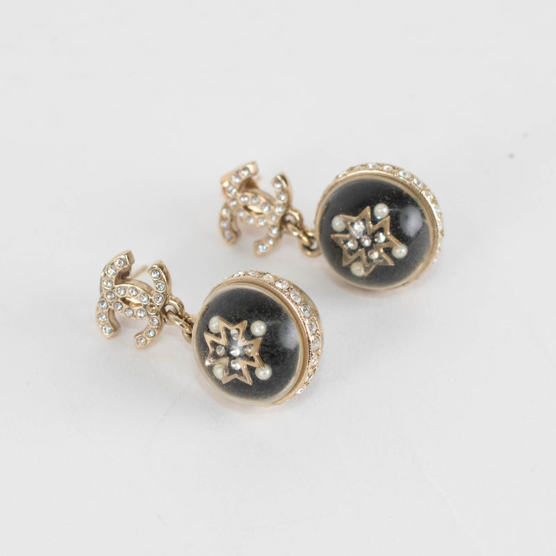 Chanel Gold CC Black Resin Crystal Ball Drop Earrings
