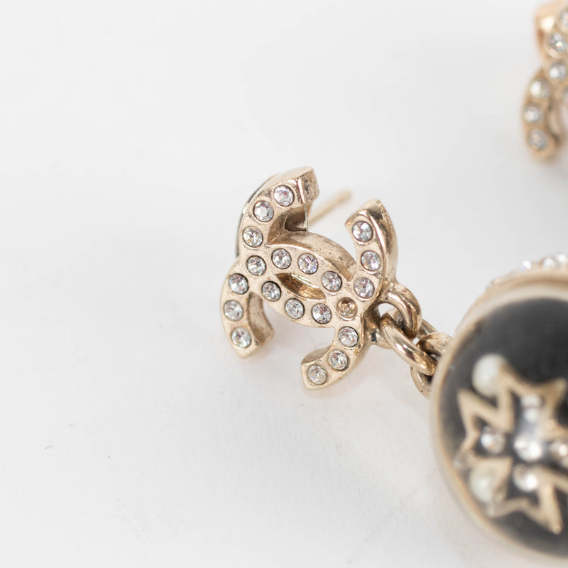 Chanel Gold CC Black Resin Crystal Ball Drop Earrings