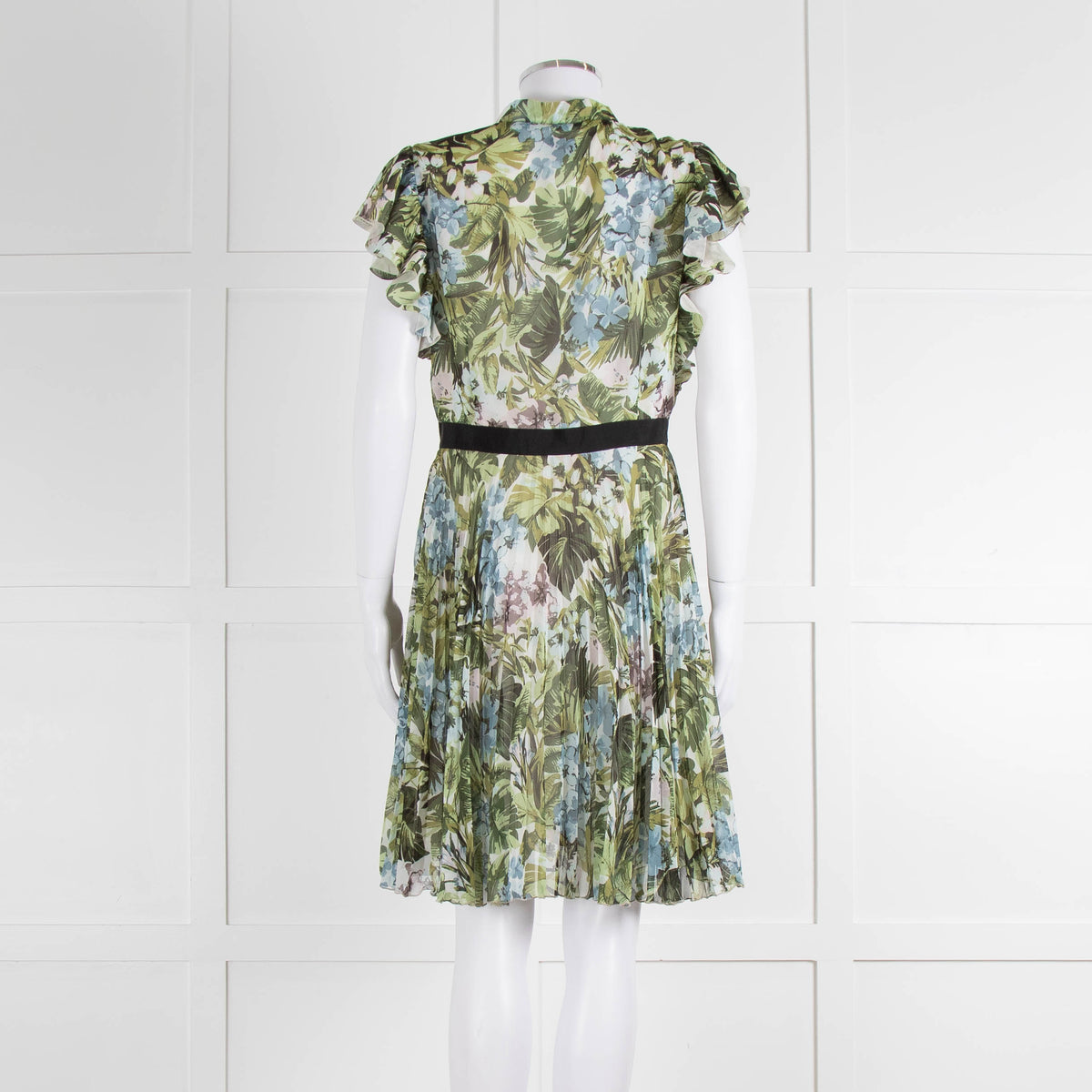 Pinko Green Floral Palm Print Short Sleeve Dress with Tie Neck