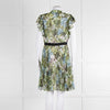 Pinko Green Floral Palm Print Short Sleeve Dress with Tie Neck