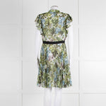 Pinko Green Floral Palm Print Short Sleeve Dress with Tie Neck