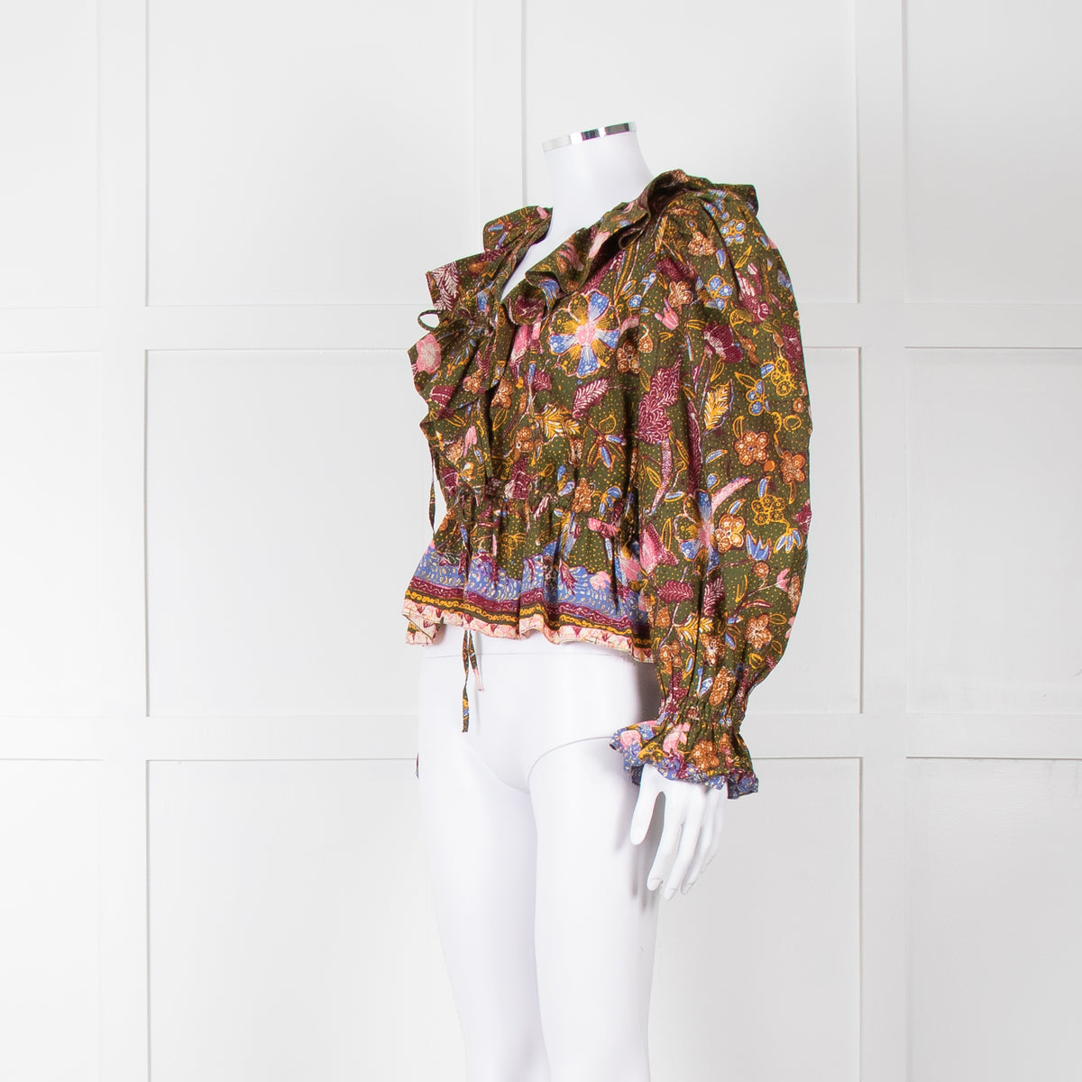 Ulla Johnson Green Pink Yellow Floral Frill Detail Cotton Top