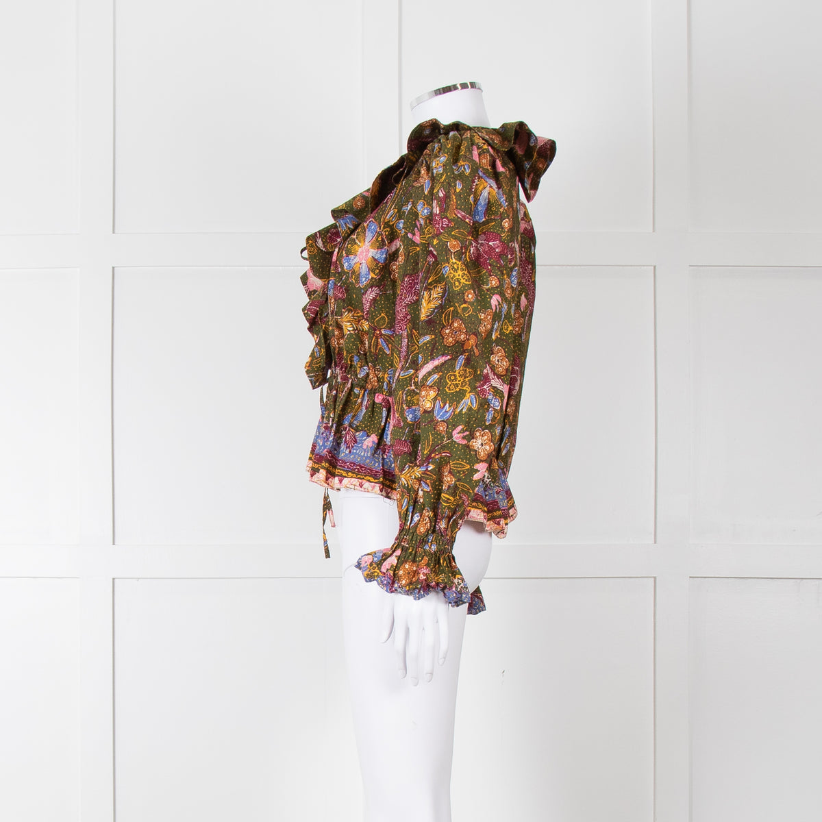 Ulla Johnson Green Pink Yellow Floral Frill Detail Cotton Top
