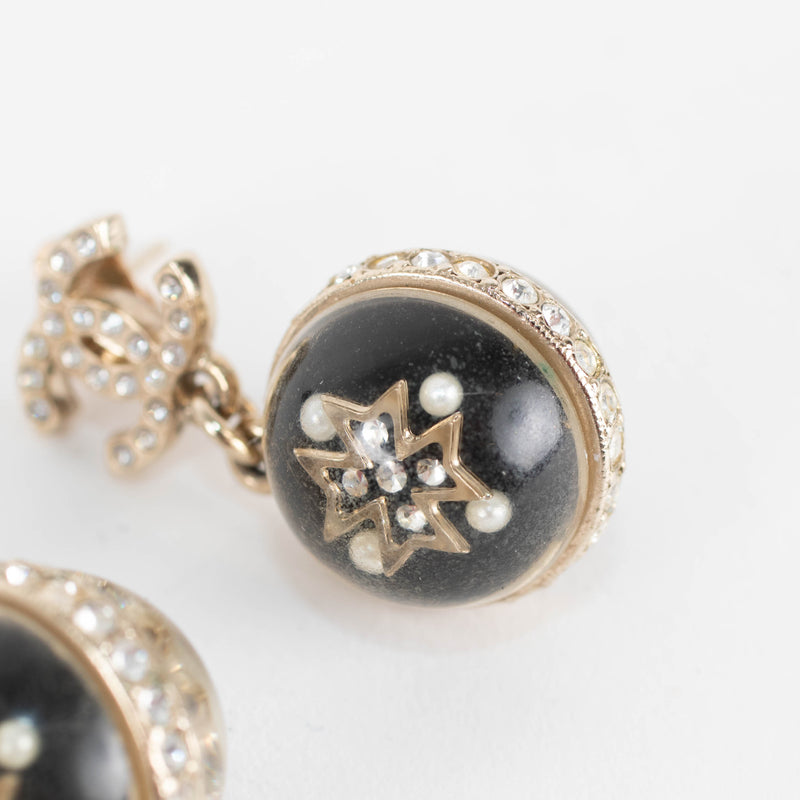 Chanel Gold CC Black Resin Crystal Ball Drop Earrings
