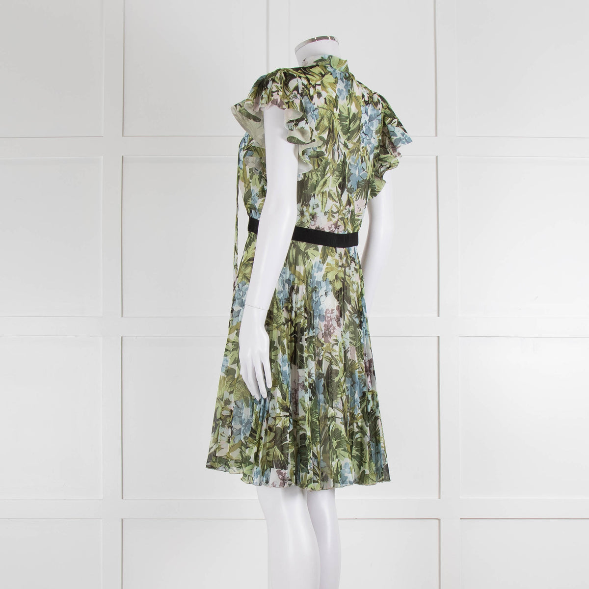 Pinko Green Floral Palm Print Short Sleeve Dress with Tie Neck