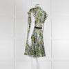 Pinko Green Floral Palm Print Short Sleeve Dress with Tie Neck