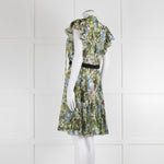 Pinko Green Floral Palm Print Short Sleeve Dress with Tie Neck