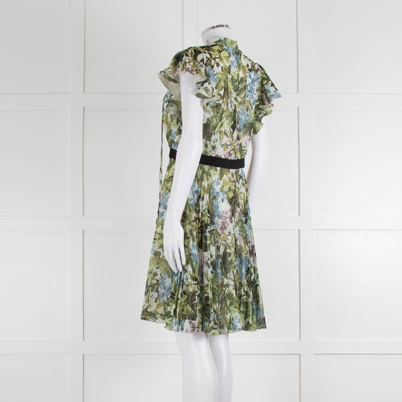 Pinko Green Floral Palm Print Short Sleeve Dress with Tie Neck