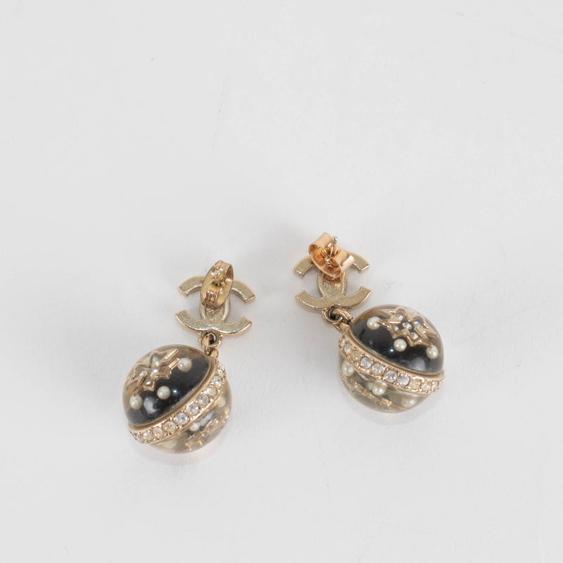 Chanel Gold CC Black Resin Crystal Ball Drop Earrings