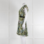 Pinko Green Floral Palm Print Short Sleeve Dress with Tie Neck