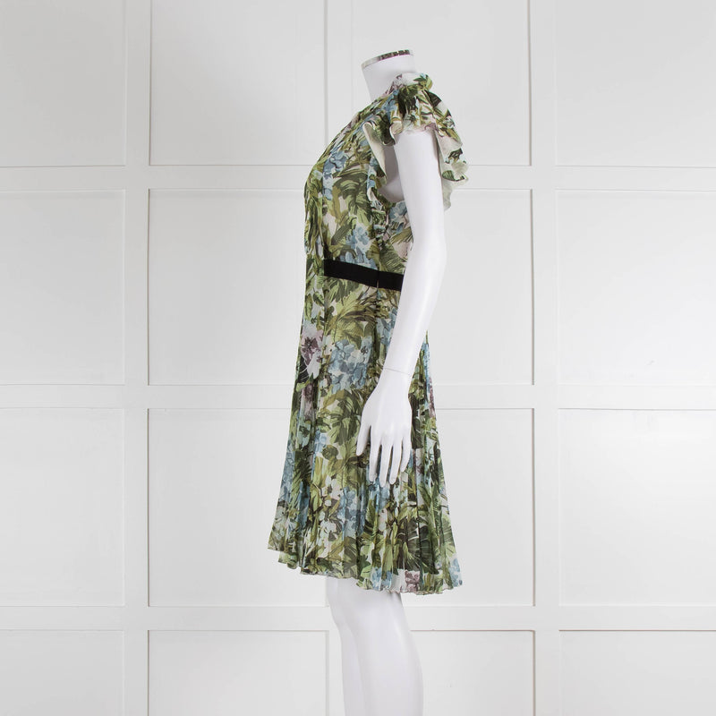 Pinko Green Floral Palm Print Short Sleeve Dress with Tie Neck