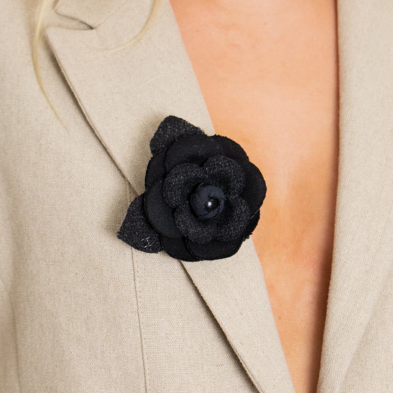 Chanel Black Tweed Fabric Chanel Camelia Brooch