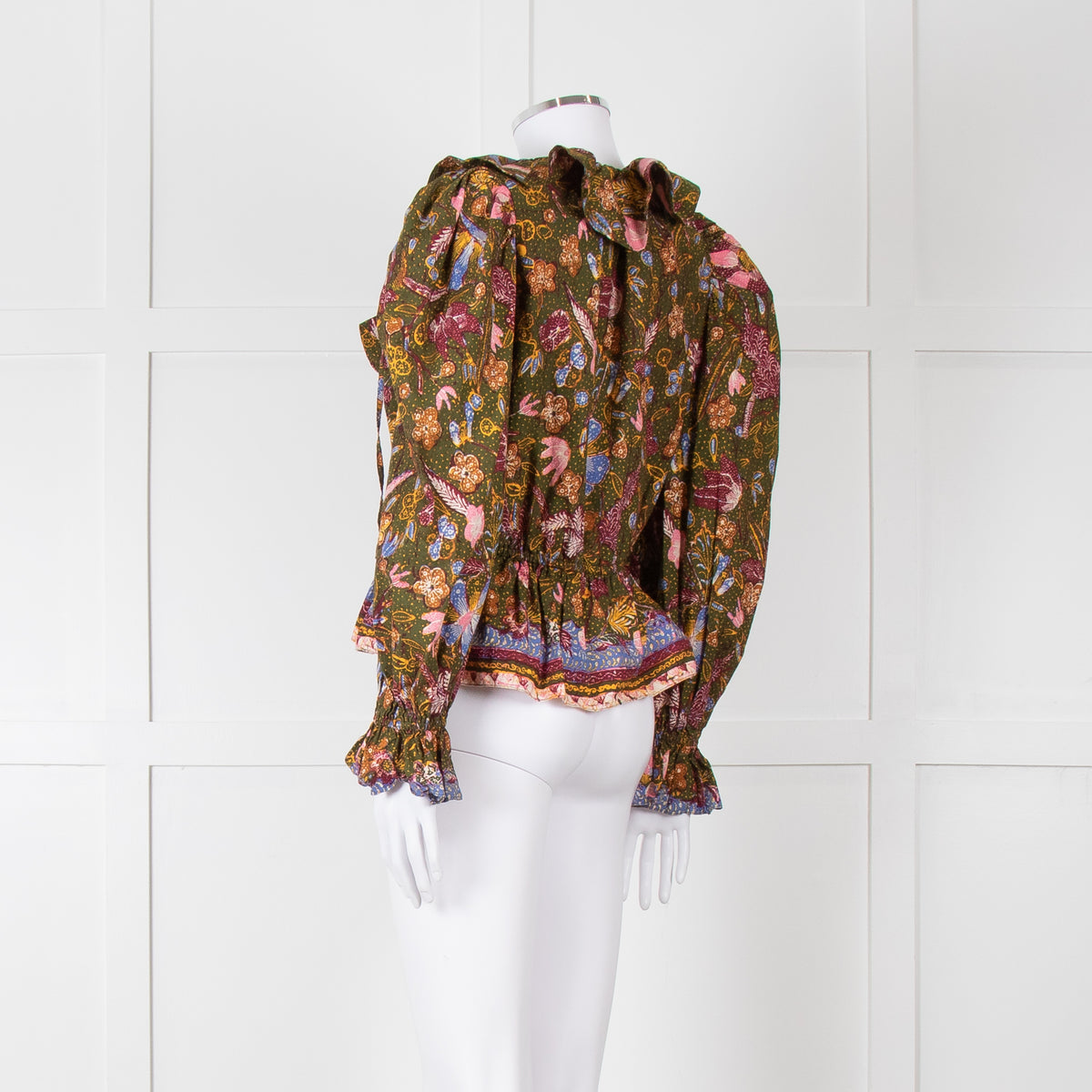 Ulla Johnson Green Pink Yellow Floral Frill Detail Cotton Top