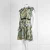 Pinko Green Floral Palm Print Short Sleeve Dress with Tie Neck