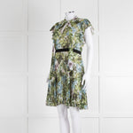 Pinko Green Floral Palm Print Short Sleeve Dress with Tie Neck