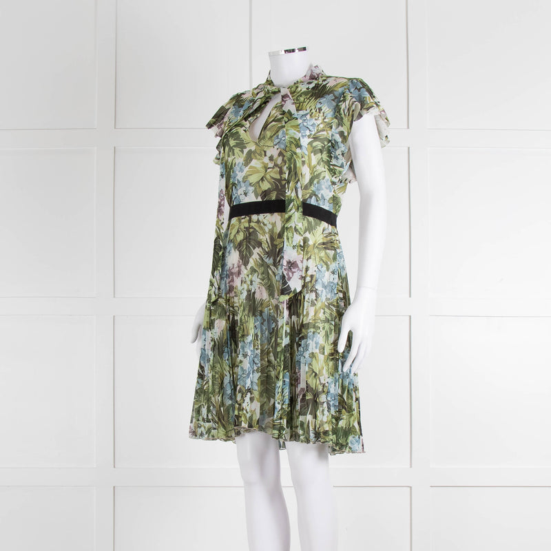 Pinko Green Floral Palm Print Short Sleeve Dress with Tie Neck