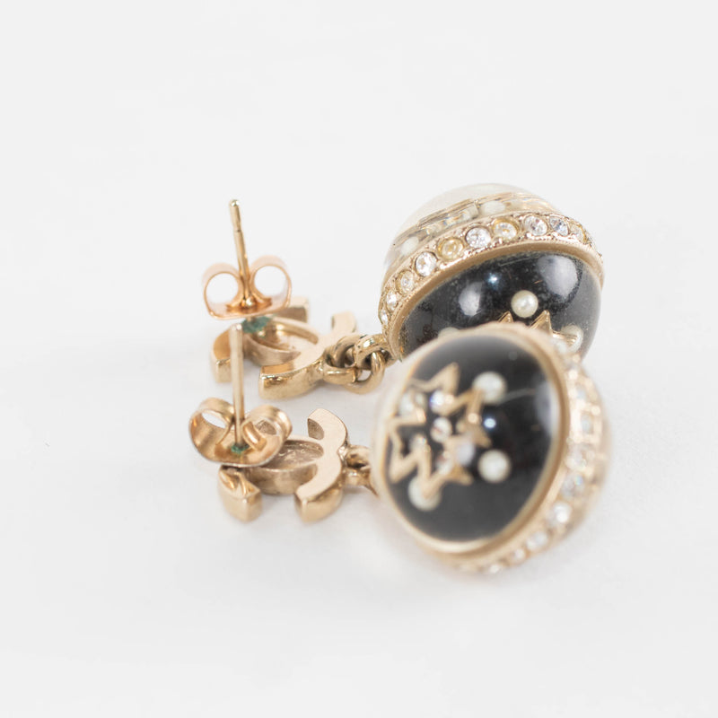 Chanel Gold CC Black Resin Crystal Ball Drop Earrings