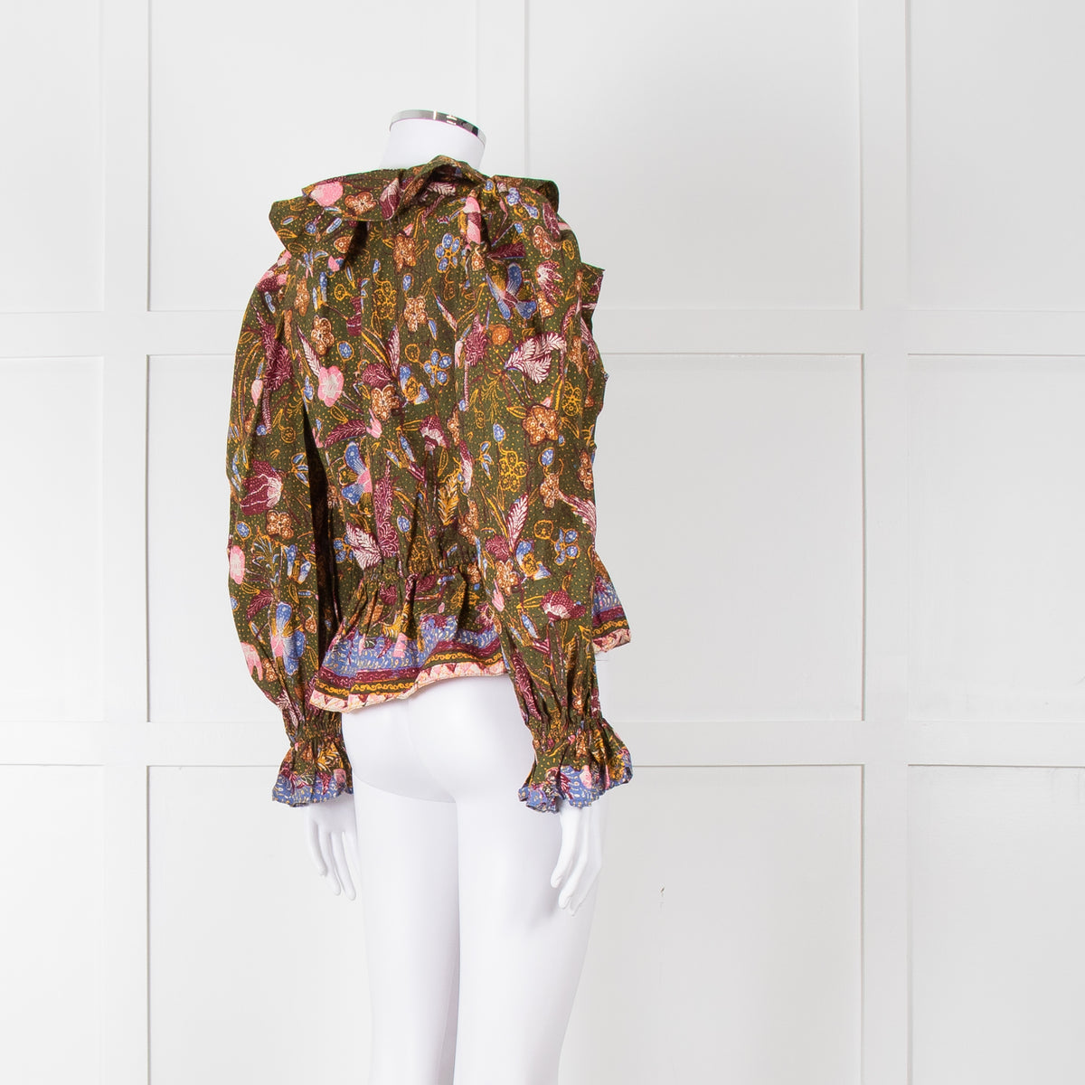 Ulla Johnson Green Pink Yellow Floral Frill Detail Cotton Top
