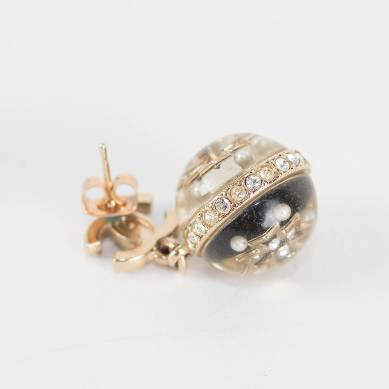Chanel Gold CC Black Resin Crystal Ball Drop Earrings