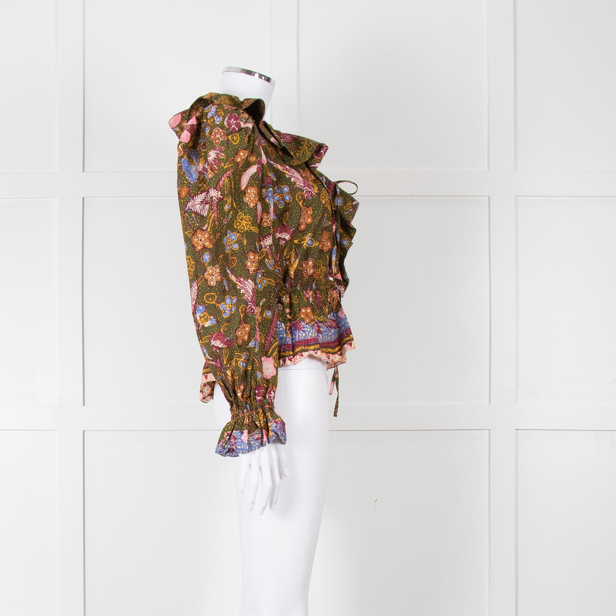 Ulla Johnson Green Pink Yellow Floral Frill Detail Cotton Top