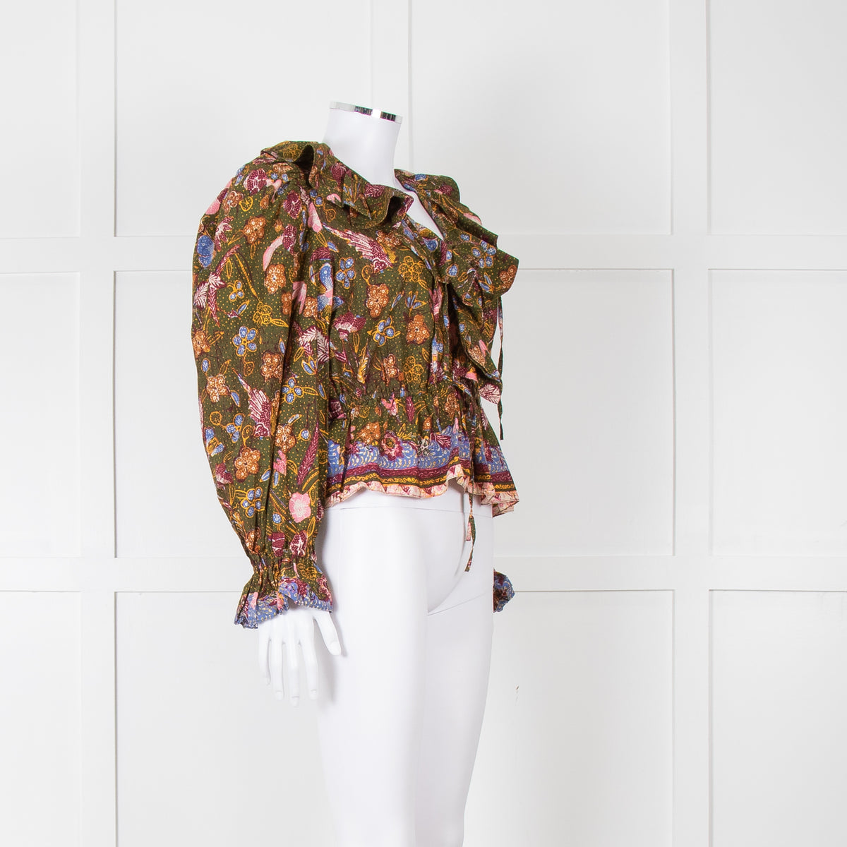 Ulla Johnson Green Pink Yellow Floral Frill Detail Cotton Top