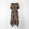 Ulla Johnson Black Yellow Pink Floral Puffed Sleeves Silk Dress