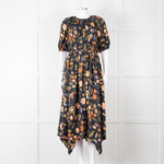 Ulla Johnson Black Yellow Pink Floral Puffed Sleeves Silk Dress