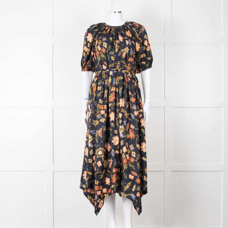 Ulla Johnson Black Yellow Pink Floral Puffed Sleeves Silk Dress