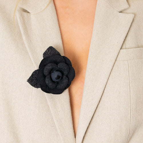 Chanel Black Tweed Fabric Chanel Camelia Brooch