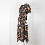 Ulla Johnson Black Yellow Pink Floral Puffed Sleeves Silk Dress