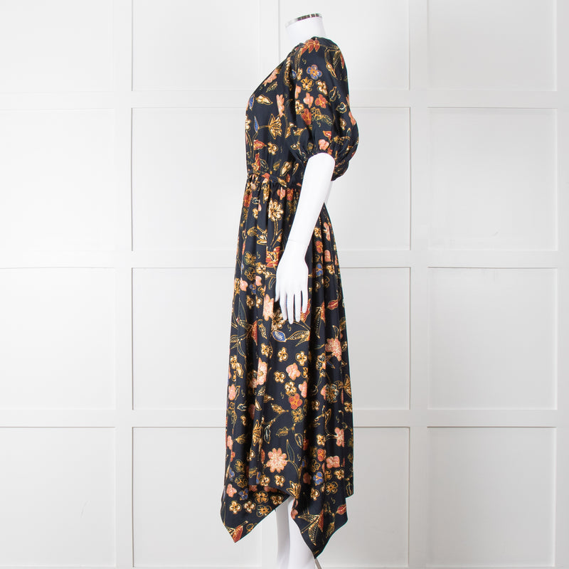 Ulla Johnson Black Yellow Pink Floral Puffed Sleeves Silk Dress