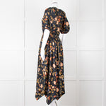 Ulla Johnson Black Yellow Pink Floral Puffed Sleeves Silk Dress