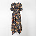 Ulla Johnson Black Yellow Pink Floral Puffed Sleeves Silk Dress