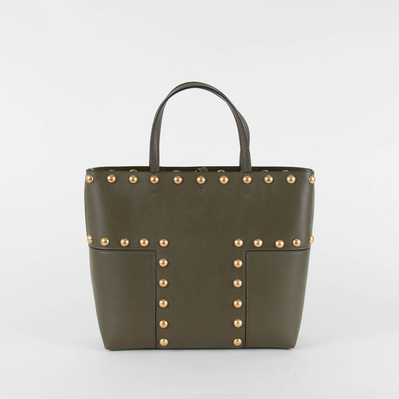 Tory Burch Khaki T Studded Leather Tote Bag