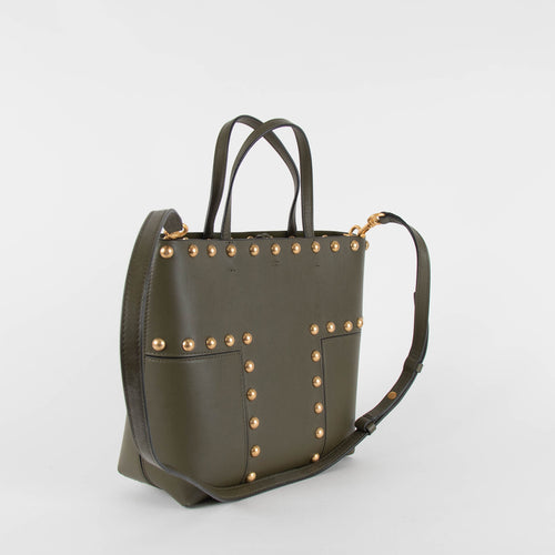 Tory Burch Khaki T Studded Leather Tote Bag